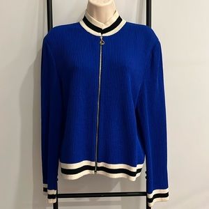 Vintage St. John Sport Striped Mock Neck Sweater Cardigan Knit Blue Women Size S